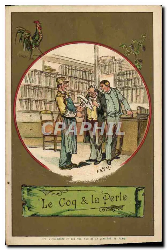 O Galo e a Pérola — fábula de La Fontaine — litografia de L. Th. Viellemand e seus filhos, Rue de la Glacière 16, Paris - Frente