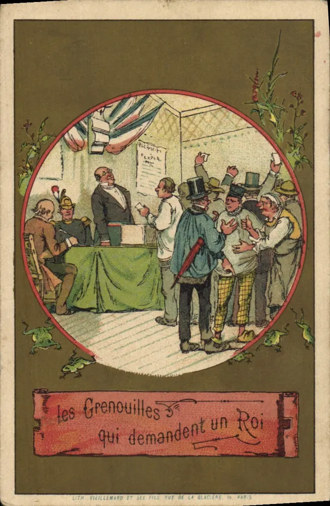 Die Frösche, die einen König verlangen — Lith. Vieillemard et ses Fils, Rue de la Glacière, 15, Paris - Vorderseite