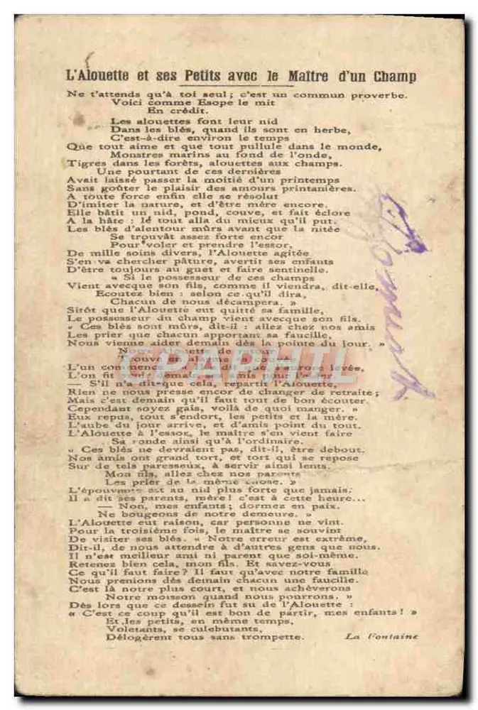 L'Alouette und ihre Jungen mit dem Feldherrn — Verlag LERN, FIELLEWARD ET SES FILS, RUE DE LA GAILLIERE 18, PARIS - Rückseite