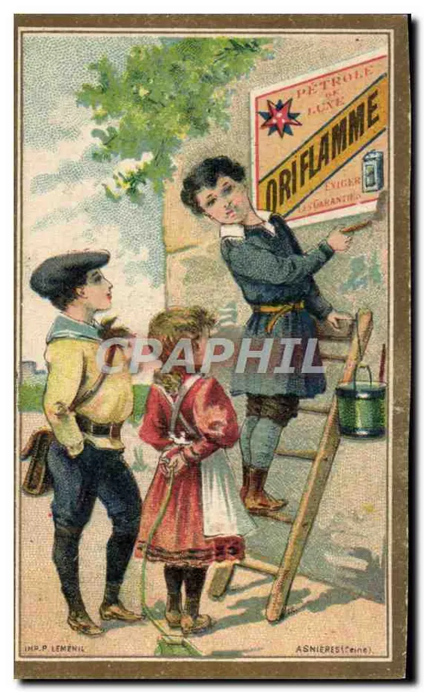Kinder vor einer Werbetafel für Öl — Imp. P. Lemenil, Asnières (Seine) - Vorderseite