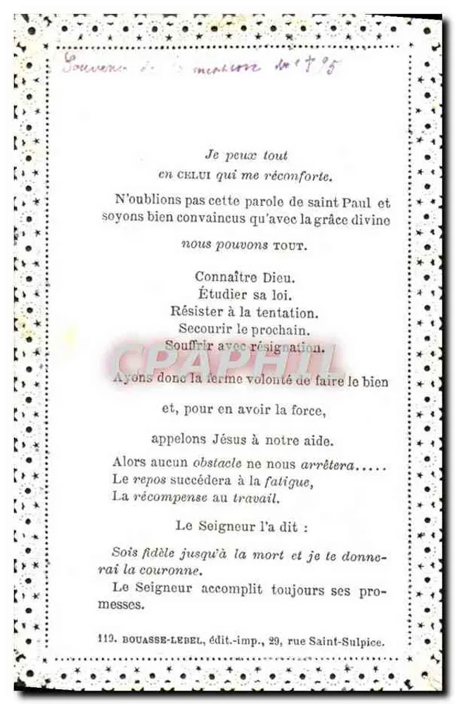 Jesu coroando uma criança — A Recompensa — Bouasse-Lebel, editor, 29 rue Saint-Sulpice, Paris - Verso