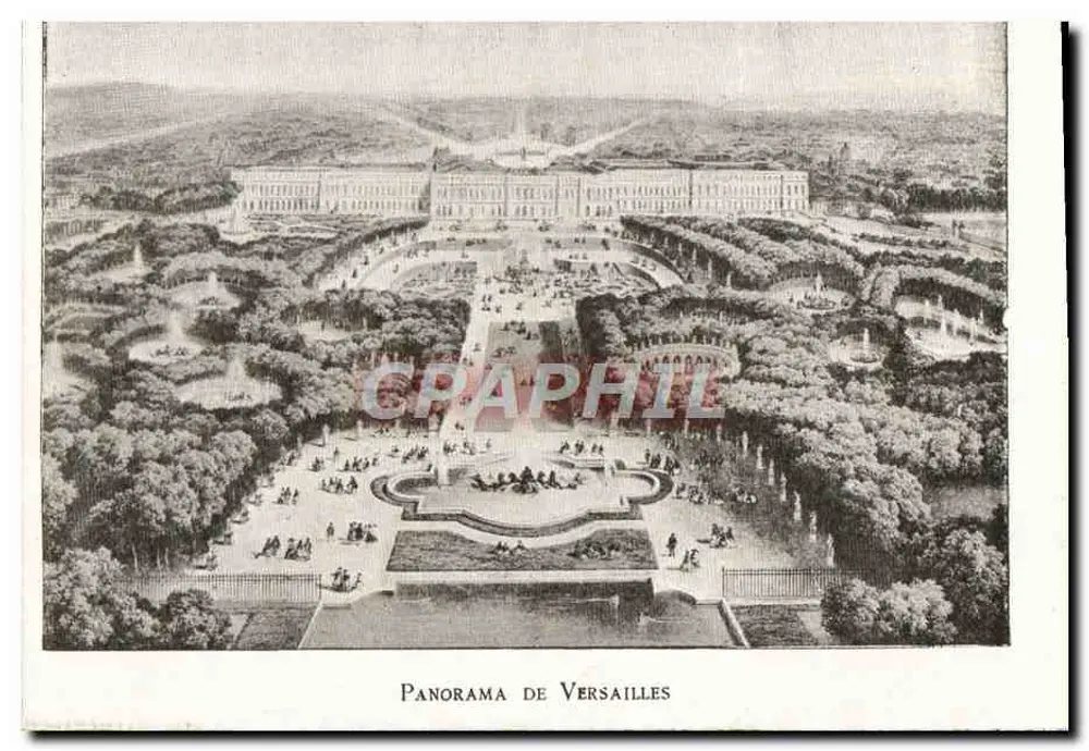 Panorama de Versailles — vue aérienne du château et des jardins — éditeur non identifié - Awers
