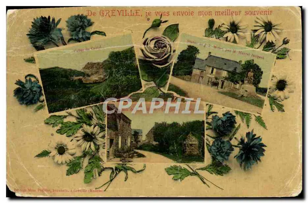 Gréville — Ansicht der Stadt, des Schlosses und eines Mühlen — Verlag Mme Dublier, Gréville (Manche) - Vorderseite