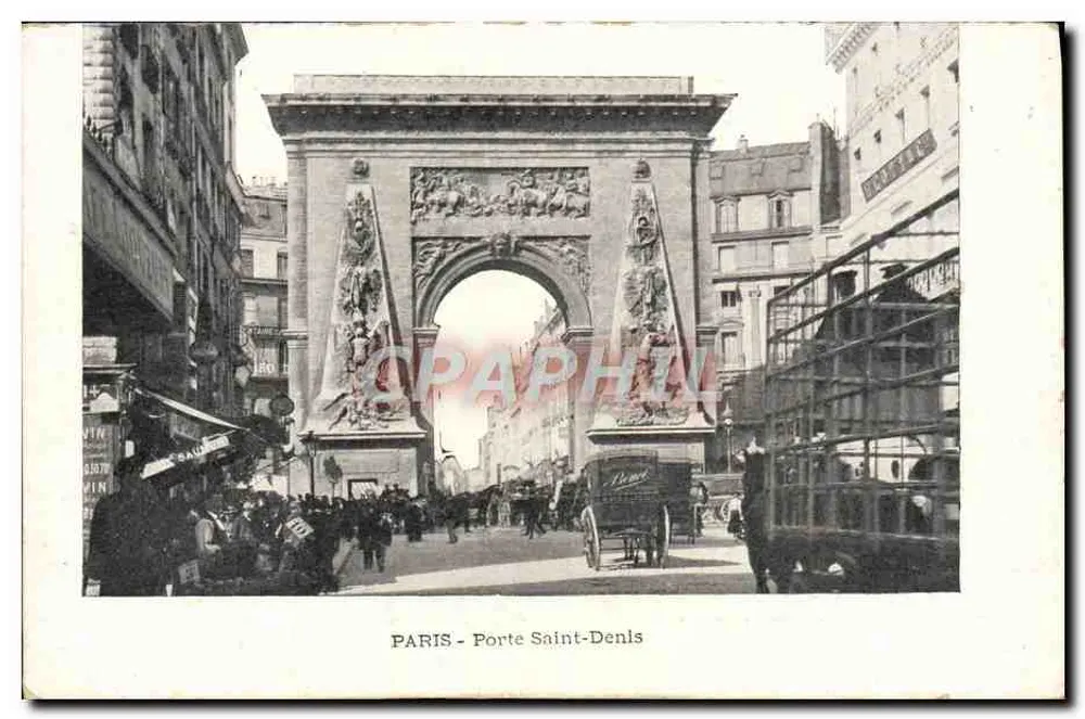 Paris - Porte Saint-Denis — vista urbana com pedestres e carruagem — editor não identificado, número de série não visível - Frente