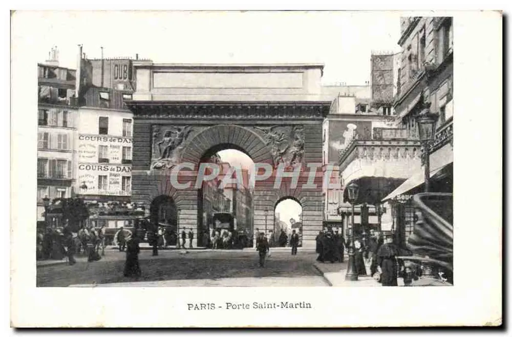 Paris - Porta Saint-Martin — vista urbana com arco monumental e lojas comerciais — editor não identificado - Frente