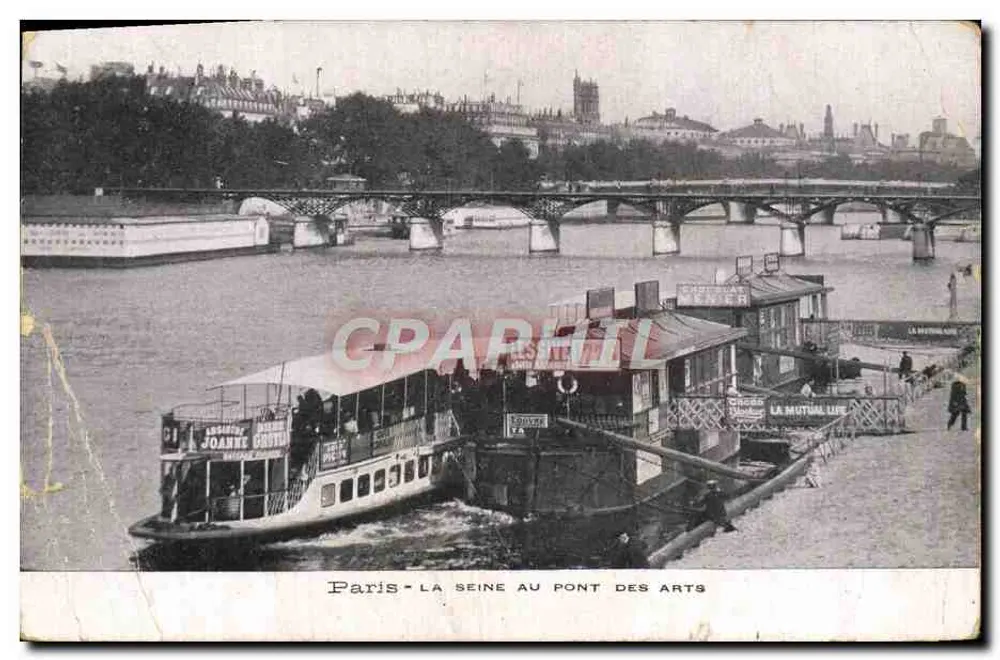 Paris - La Seine au Pont des Arts — bateau 'Joanne Gusto' et quai avec publicité 'La Mutualité' — éditeur anonyme - Vorderseite