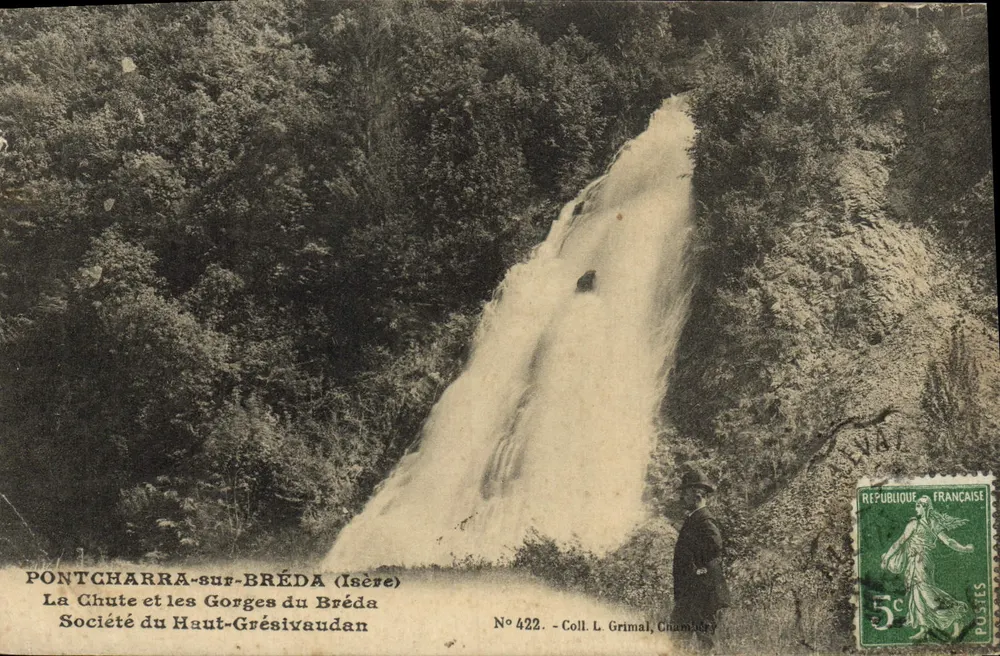 Die Schlucht und die Gorges du Bréda — Wasserfall in den Gorges du Bréda bei Pontcharra-sur-Bréda (Isère) — Société du Haut-Grésivaudan, N° 422 - Vorderseite