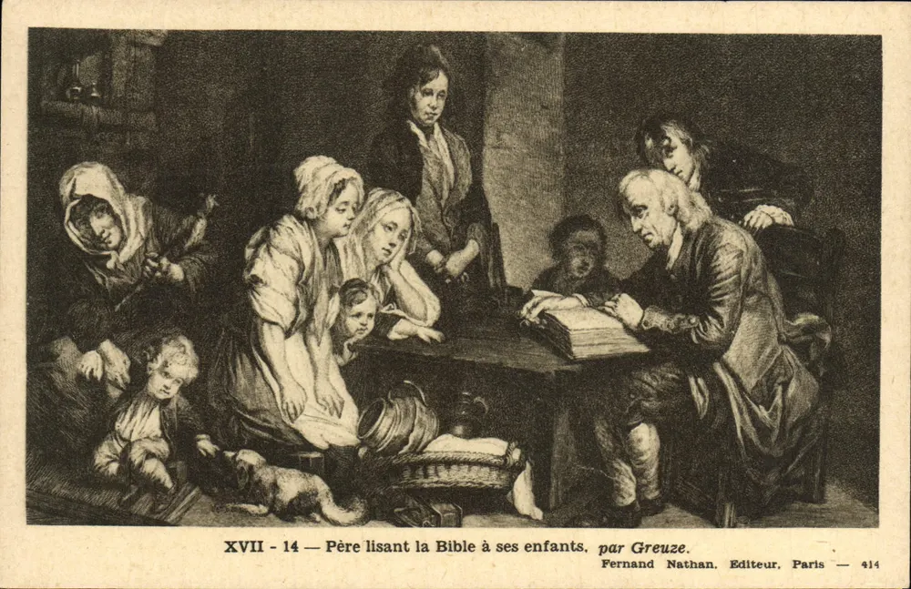 Vater liest die Bibel seinen Kindern vor — XVII - 14 — von Greuze. Verleger Fernand Nathan, Paris — n° 414 - Vorderseite