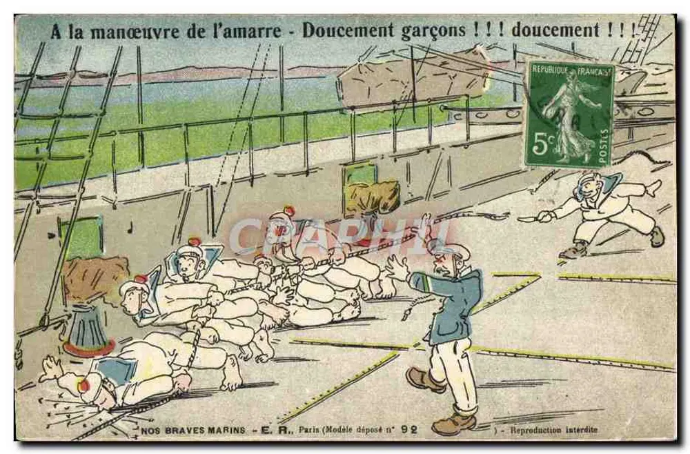Bei der Anlegung der Ankerleine — Vorsichtig Jungs !!! — Unsere Tapferen Matrosen — E.R., Paris (Modellnummer 92) - Vorderseite
