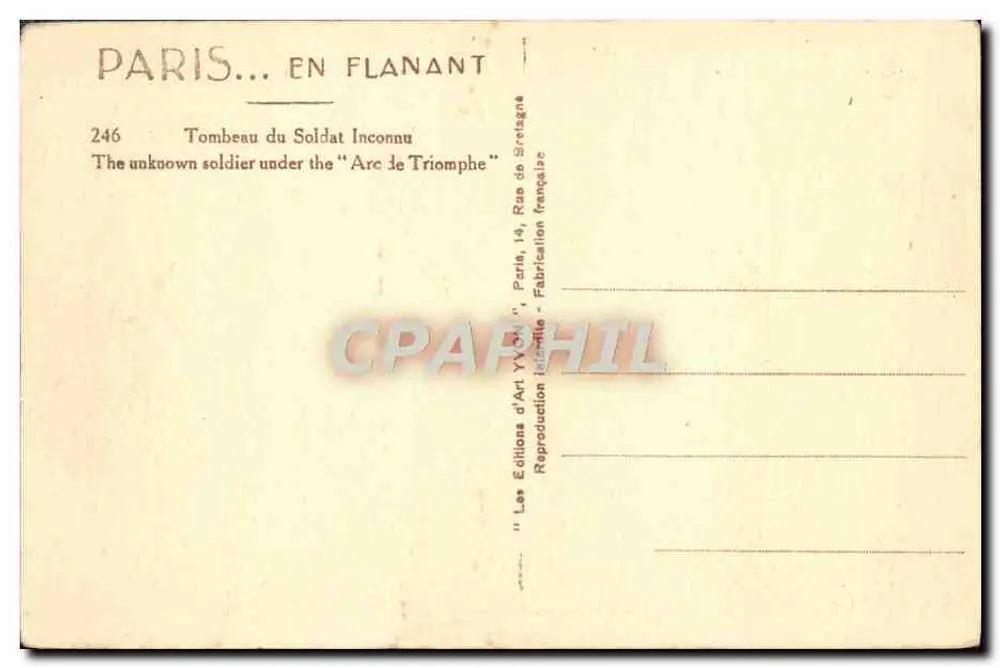 Grab des Unbekannten Soldaten — Arc de Triomphe — Éditions d'Art Yvonne - Rückseite
