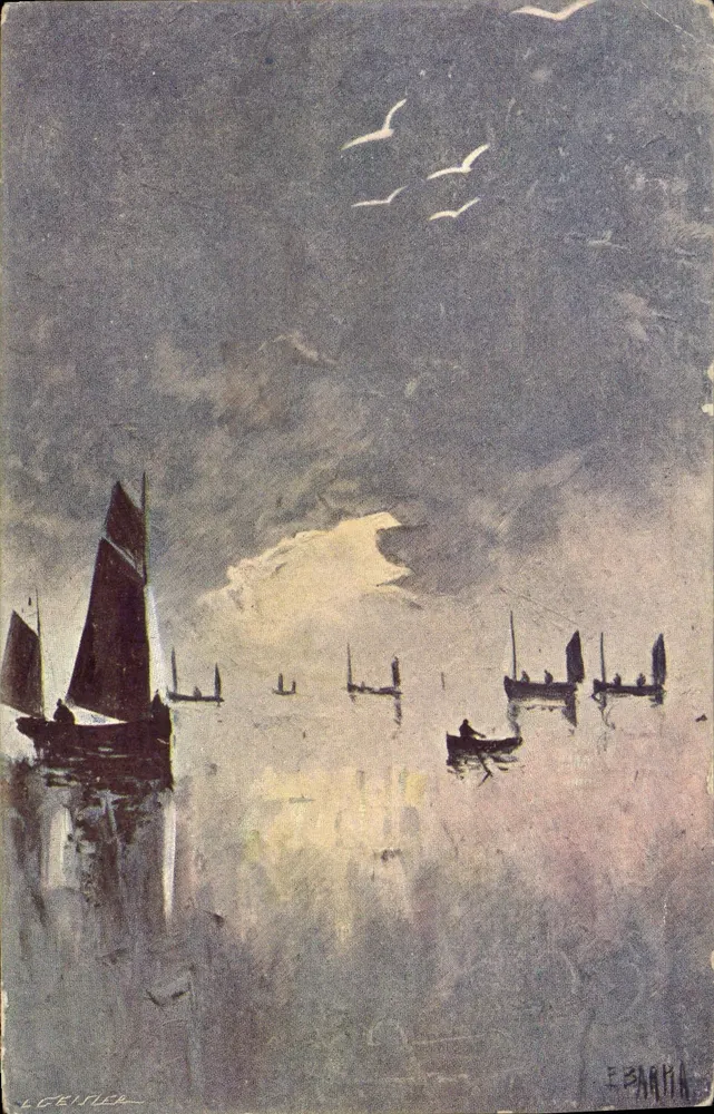 Zeegezicht met zeilschepen — schilderij van L. Geiner — uitgever E. Barba - Voorkant