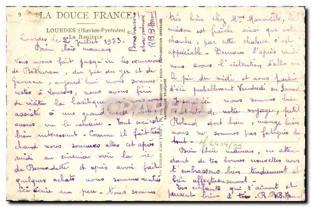Lourdes — Die Basilika — Les Éditions d'Art Yvon, Nr. 9 - Rückseite