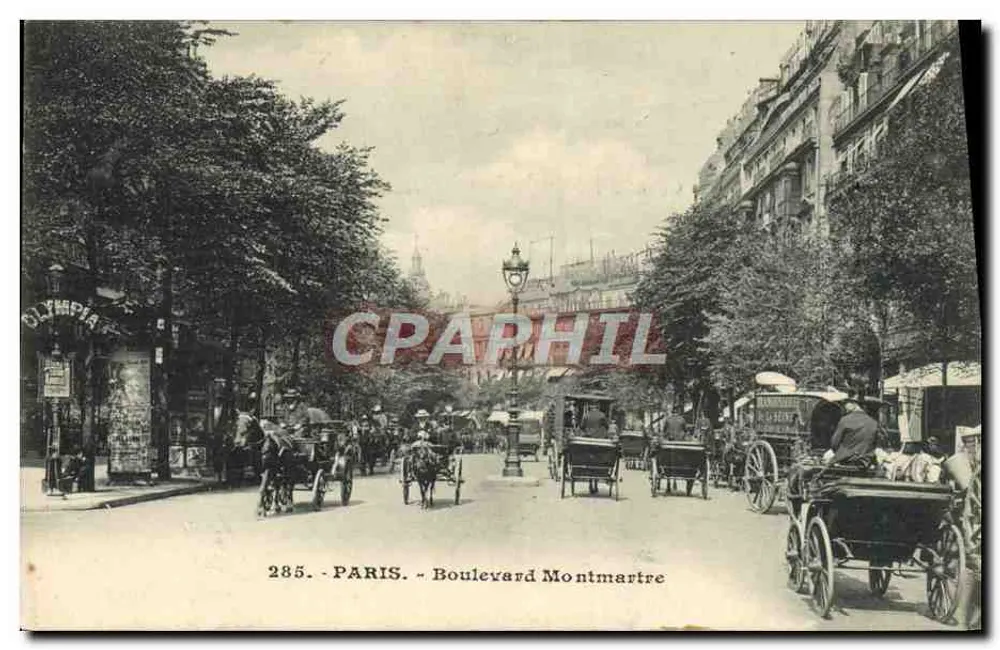 Paris - Boulevard Montmartre — vista urbana com carruagens — editor Olympia, n° 285 - Frente