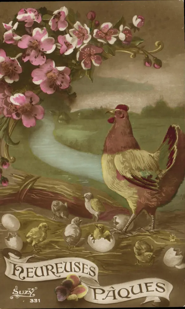 Ostern — Huhn und Küken unter Blumen — Suzy 331 - Vorderseite