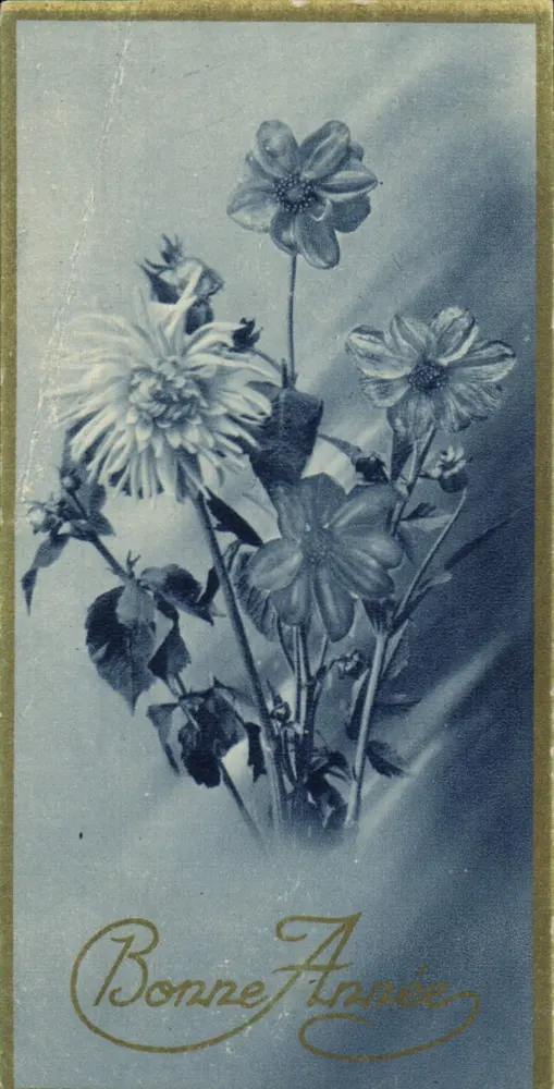 Bouquet de dahlias — carte de vœux bleue avec texte doré — éditeur non visible - Awers
