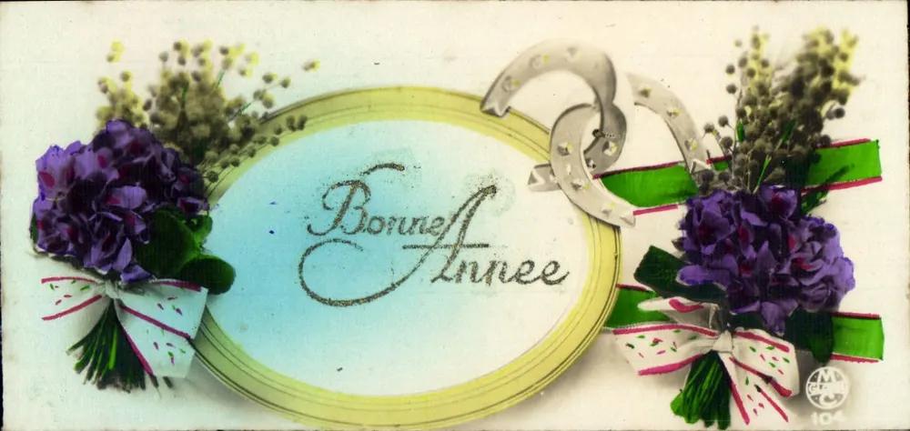 Bom Ano — decoração de flores e sapatos de sorte — M. C. 104 - Frente