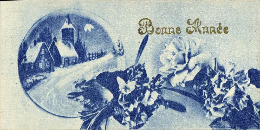 Vila nevada — Boa Ano — carta postal azul - Frente