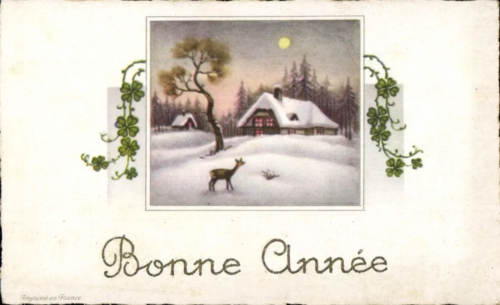 Winterlandschaft mit Hirsch — Frohe Neujahr — In Frankreich gedruckt - Vorderseite
