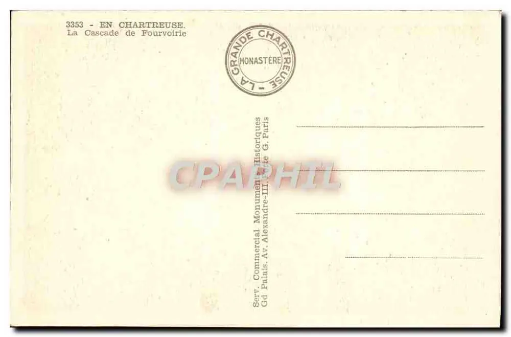 A Cascata de Fourvoire — Em Chartreuse — Série 3353, editor Serr. Comercial Monuments Historiques - Verso