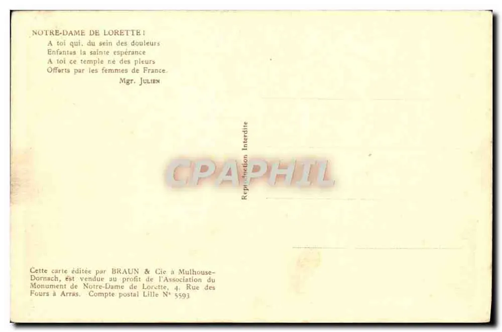 N.D. de Lorette — Die Kapelle — Aufnahme vom 19. März 1928, herausgegeben von BRAUN & Cie - Rückseite