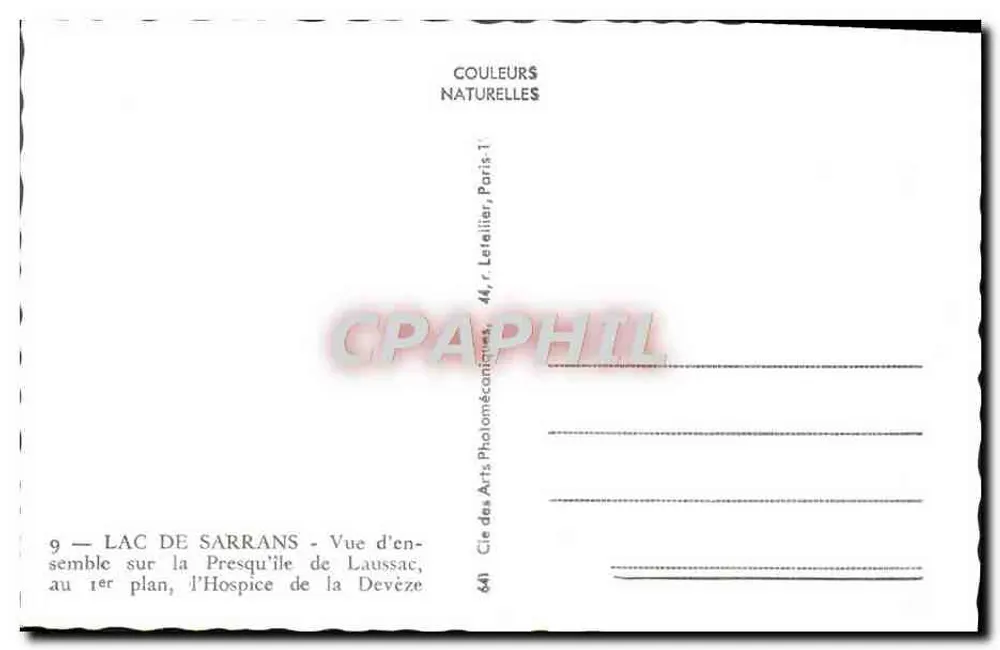 See Sarrans — Überblick über die Halbinsel Laussac, im Vordergrund das Hospiz der Devèze — Cie des Arts Photomécaniques, Paris - Rückseite