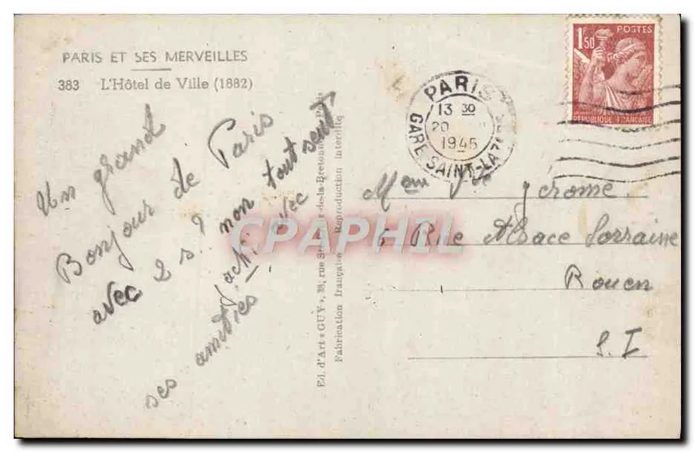 Hôtel de Ville de Paris — Panoramablick — Éd. d'Art Guy, n° 383 - Rückseite