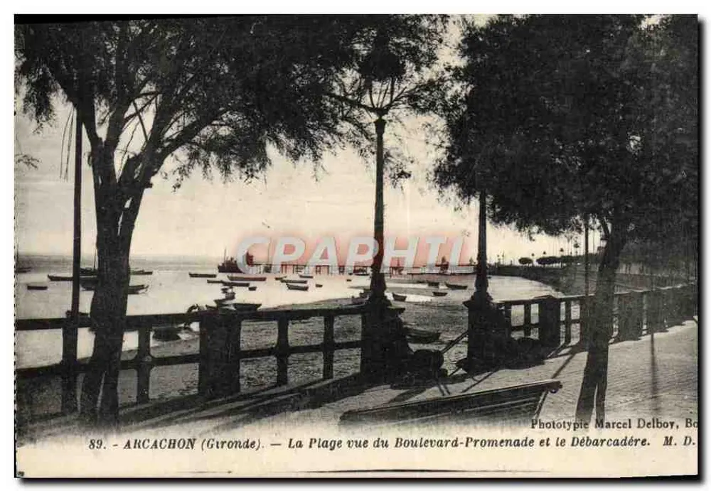 Arcachon (Gironde) — Blick auf den Strand vom Promenadenboulevard und den Hafen — Phototypie Marcel Delboy - Vorderseite