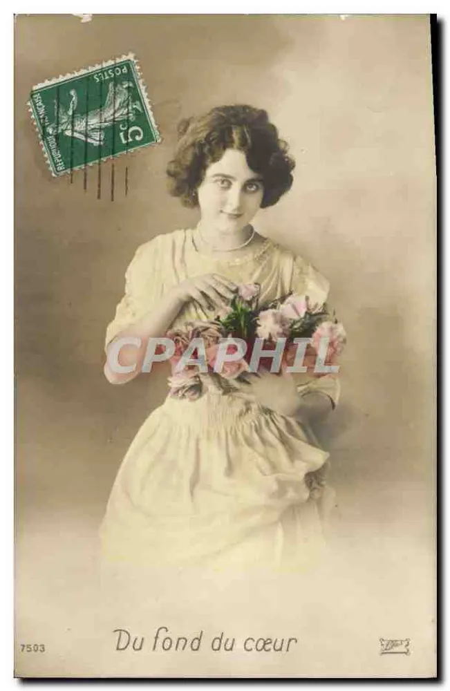 Junge Frau mit Blumenbouquet — 'Von Herzen' — unbekannter Verlag, Nr. 7503 - Vorderseite
