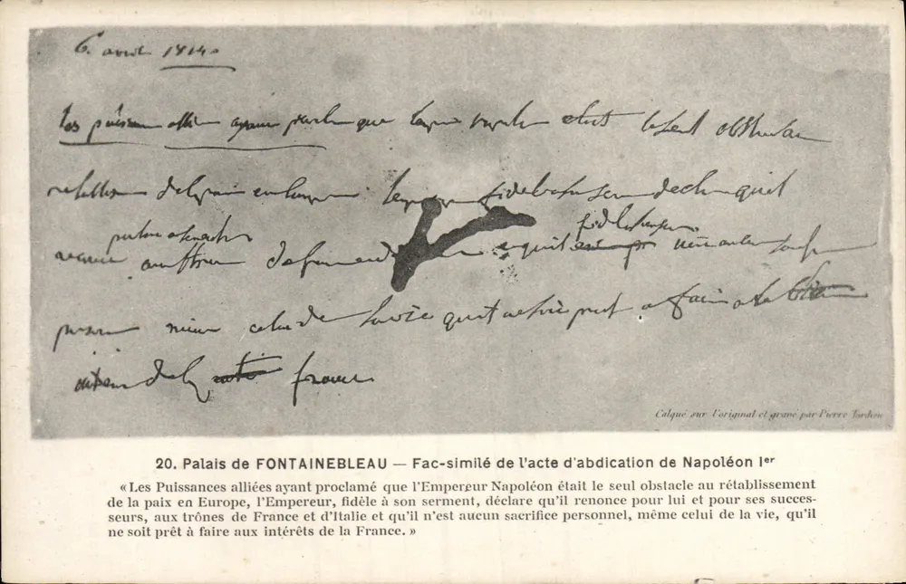 Schloss FONTAINEBLEAU — Faksimile des Abdicationsakts Napoleons I. — Aus dem Original gedruckt und von Pierre Jardin gestochen - Vorderseite