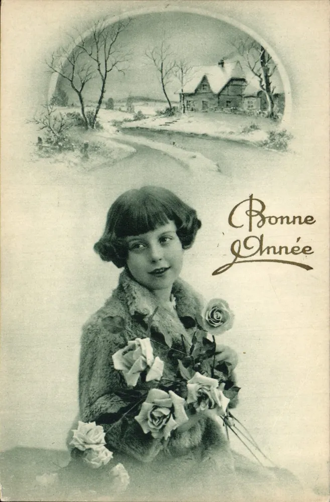 Muchacha con rosas — escena invernal en primer plano — S.B.W. Paris - Anverso