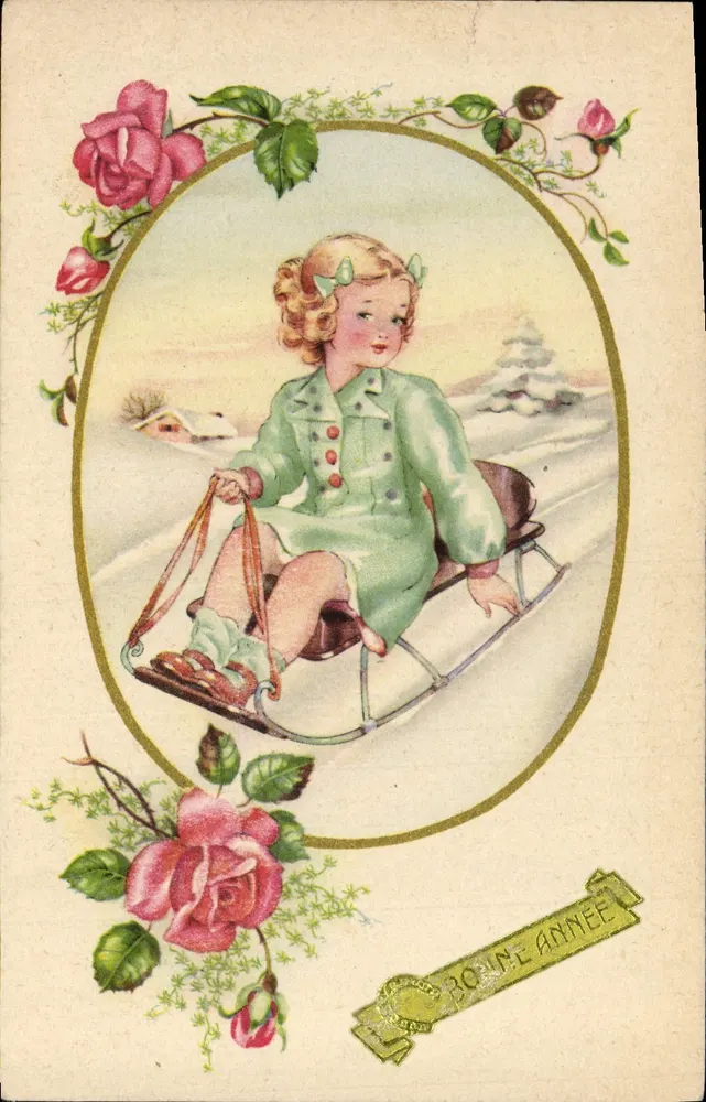 Fille en traîneau — scène hivernale encadrée de roses — éditeur 'Bonne Année' (n° 92) - Recto