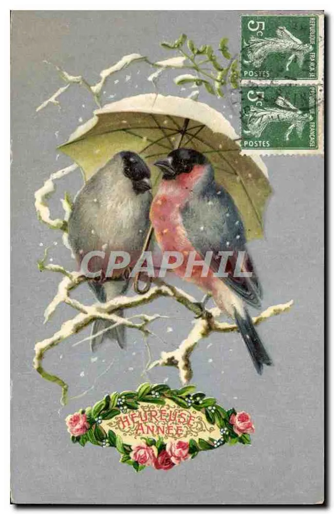 Dois pássaros sob um guarda-chuva — cena invernal — editor R.T. Editores Paris - Frente
