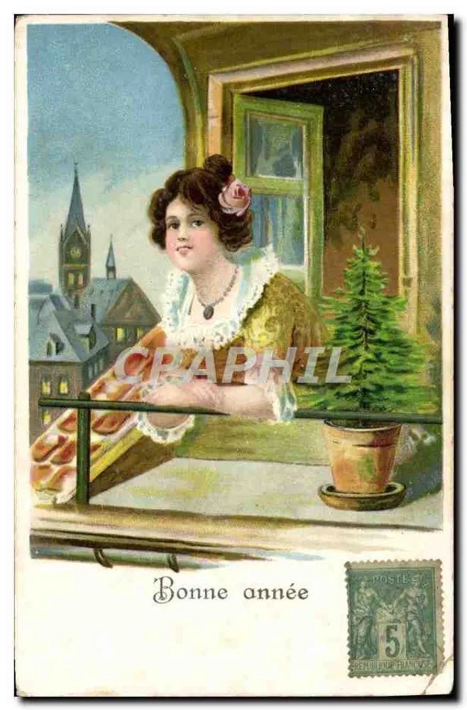 Femme au balcon — vue de ville avec église — éditeur non visible - Recto