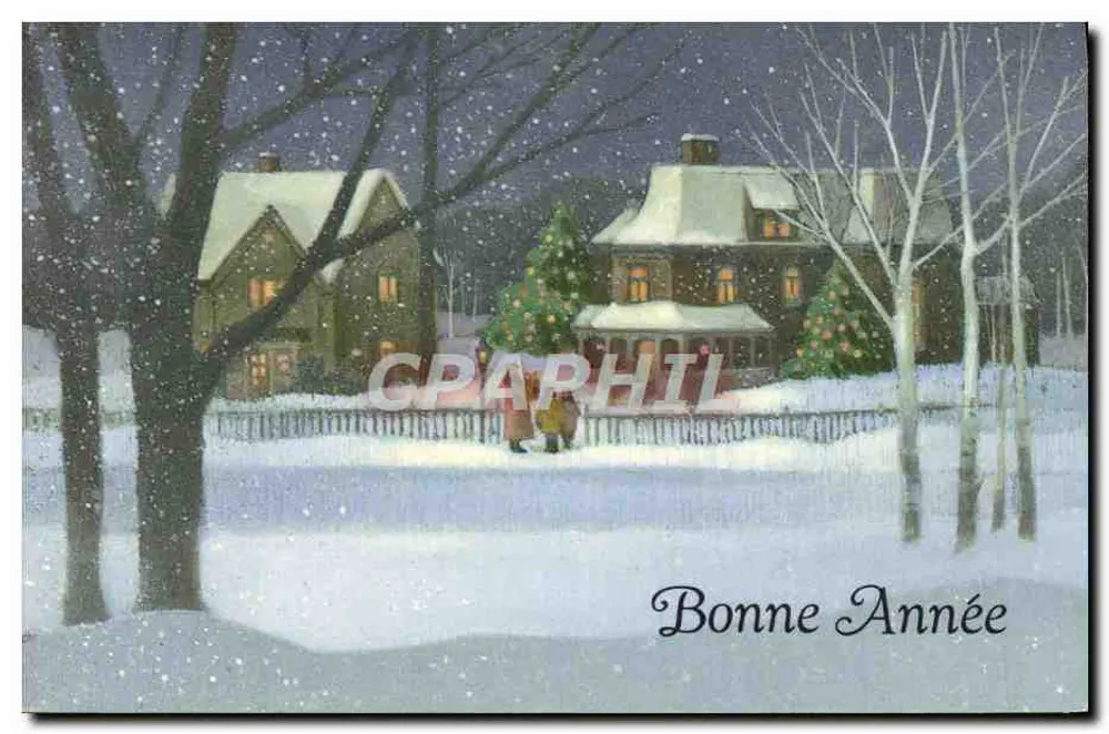Winterlandschaft mit Tannen und Häusern — Frohe Neujahr - Vorderseite