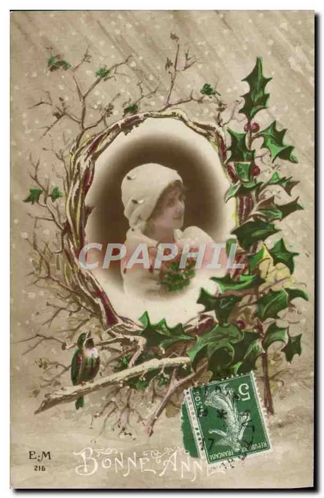 Femme en bonnet blanc dans cadre végétal — houx et oiseau — E.M. 216 - Recto