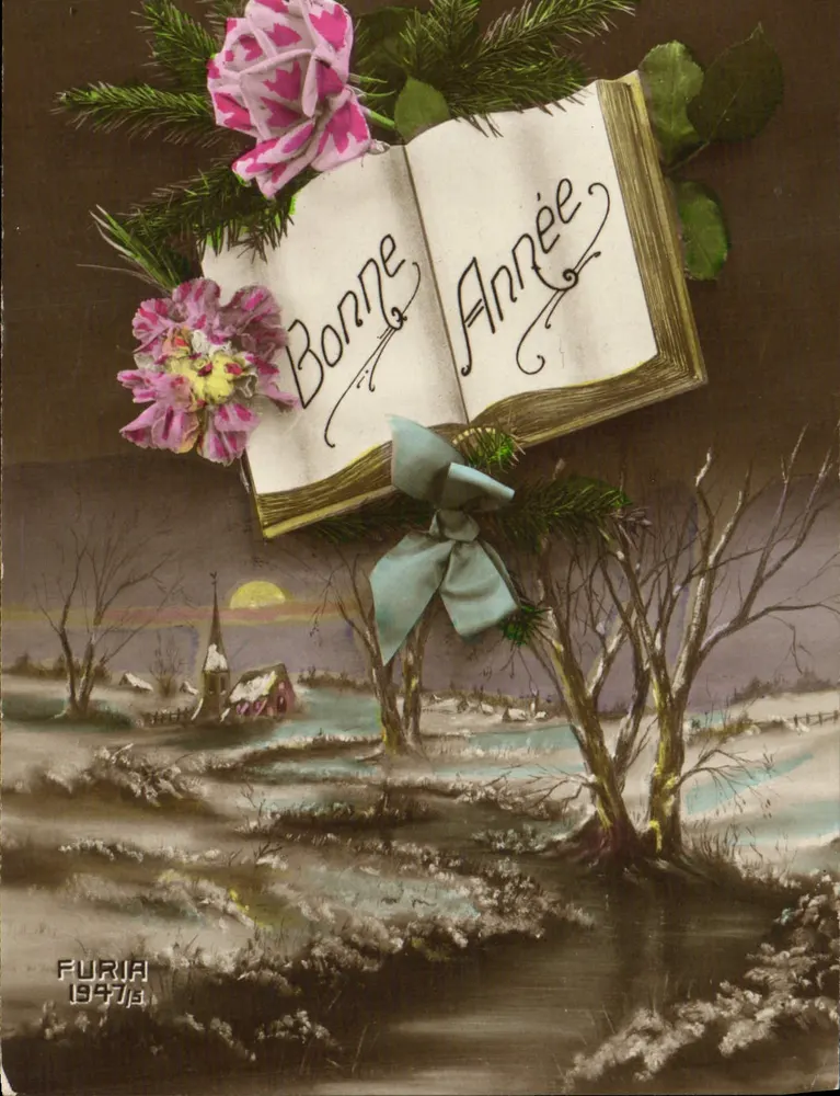 Livro aberto com 'Bom Ano' — decoração floral e paisagem invernal — Furia 1947/3 - Frente