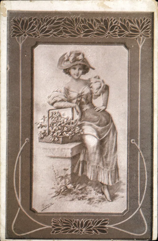 Frau mit Blumenkorb — Illustration — Verlag nicht sichtbar - Vorderseite