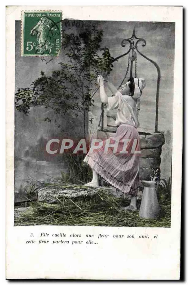 Frau, die eine Blume bei einem Brunnen pflückt — Illustration — Verlag nicht sichtbar - Vorderseite