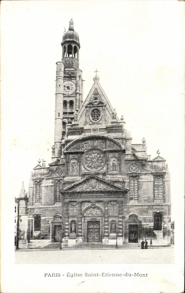 PARIS - Kirche Saint-Étienne-du-Mont — Ansicht der Fassade mit Turm und Rosenfenster - Vorderseite