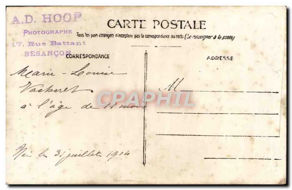 Menina pequena — com 11 meses — A.D. HOOP, Besançon - Verso
