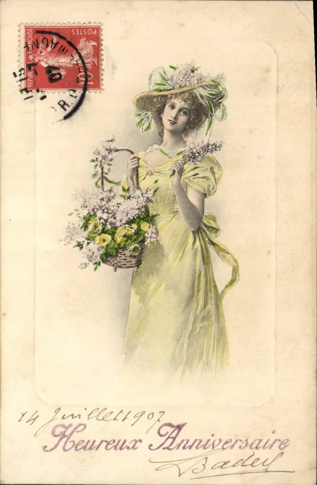 Femme en robe jaune tenant un panier de fleurs — Anniversaire — Badef, n° 276 - Recto