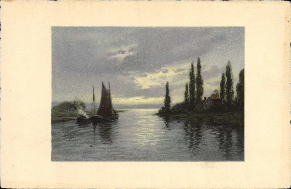 Segelboot auf einem Kanal — Landschaft mit Weiden — Verlag nicht sichtbar - Vorderseite