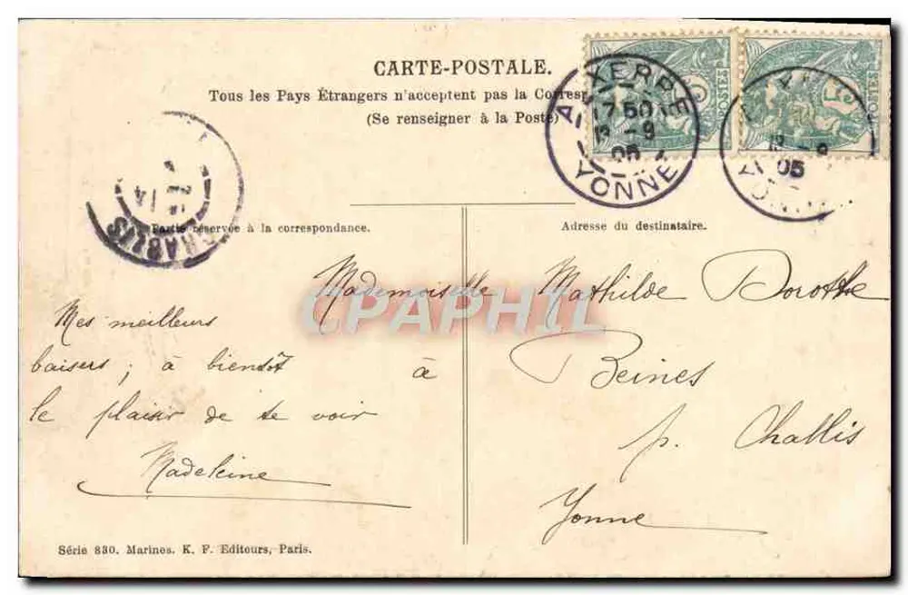 Barcos a vela em um rio — Madeleine — Série 830, K. F. Editeurs, Paris - Verso