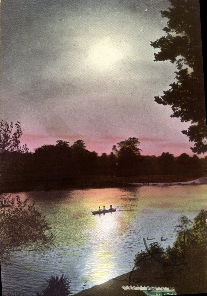 Pôr do sol sobre um lago — duas pessoas em barco — editor Emeos, n° 416 - Frente