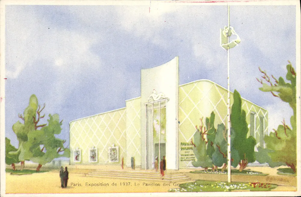 Paris, Ausstellung 1937 — Das Pavillon der Louvre-Departmentstores — Verlag: J. L. P. (Seriennummer nicht sichtbar) - Vorderseite