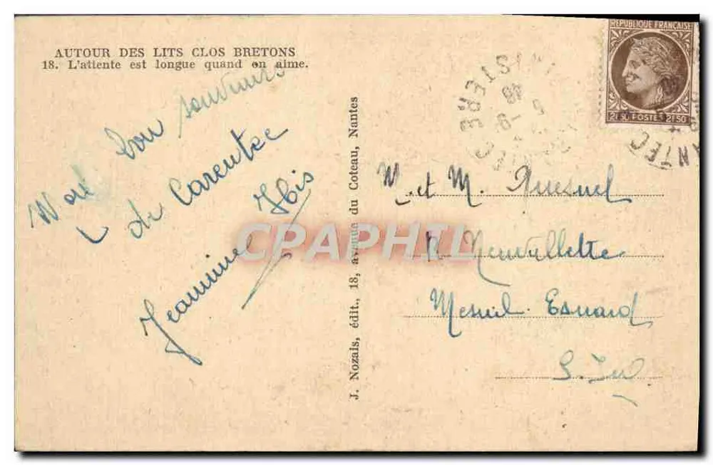 Frau im Bretonischen Kleid — Innenraum-Szene — J. Nozais, Verlag, 18, Avenue du Coteau, Nantes - Rückseite