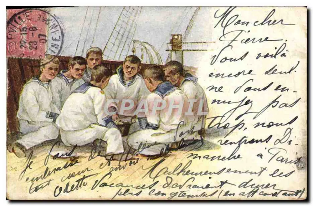 Sailors playing cards — ship's deck — Éditeur : Union Postale Universelle, Russie, n°16 - Frente