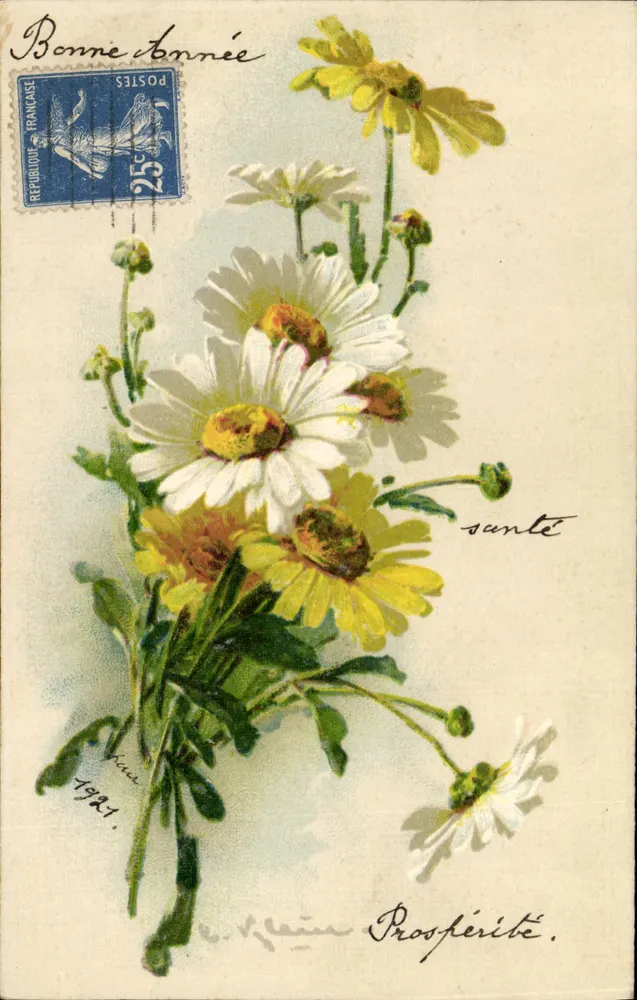 Arranjo de margaridas — vœux de bom ano 1921 — editor E. Klein, número de série não visível - Frente