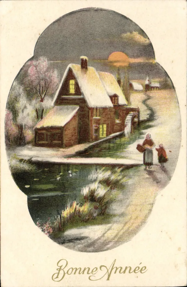 Winterlandschaft mit schneebedecktem Haus — Frohe Weihnachten — Verlag nicht sichtbar - Vorderseite