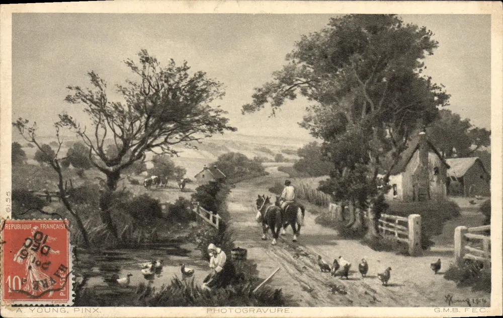 Ruraal landschap met ridder — A. Young, Pinx. — Fotografië G.M.B. Fec. - Voorkant